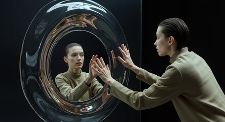 Woman beige turtleneck touching circular mirror reflection hands pressed glass. Self awareness identity introspection psychology. Personal development concept