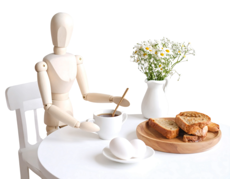 Wooden mannequin in mid-air, arms and legs outstretched, isolated on white background. - Powered by Adobe