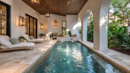 An elegant poolside area adorned with lush greenery and stylish seating, showcasing contemporary architecture that embodies relaxation, luxury, and modern living.