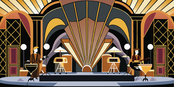 Two musicians performing on a stage with art deco backdrop and lighting in a stylized