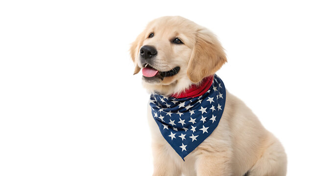 Golden retriever puppy with american flag bandana patriotic dog cute pet animal canine usa celebration 4th july isolated on transparent background
