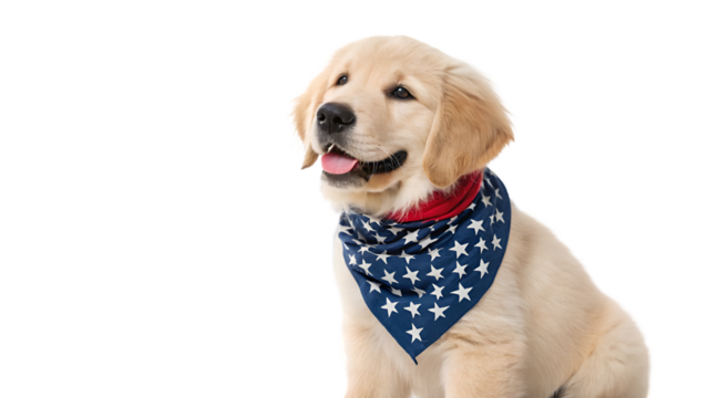 Golden retriever puppy with american flag bandana patriotic dog cute pet animal canine usa celebration 4th july isolated on transparent background