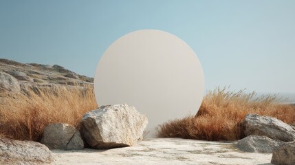 A serene landscape featuring rocks and dry grass against a blue sky.