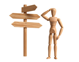 Wooden directional signs and a thoughtful mannequin figure, representing indecision and choices.