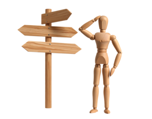 Wooden directional signs and a thoughtful mannequin figure, representing indecision and choices.