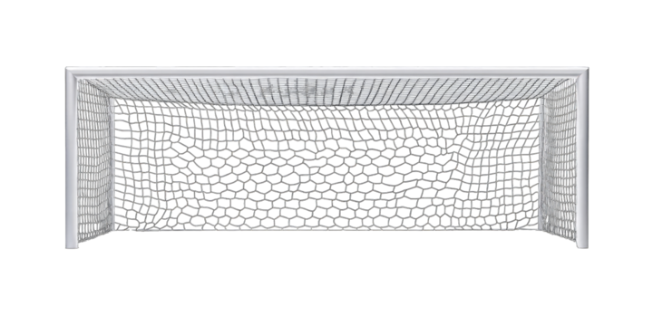 Soccer goal, gray net, white frame