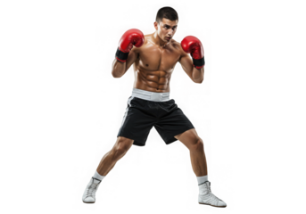 A muscular man ready to fight in a transparent png format wearing boxing gloves and shoes ready