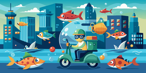 Whimsical Cityscape with Delivery Scooter and Colorful Fish: A vibrant vector graphic perfect for branding, websites, and children's products.