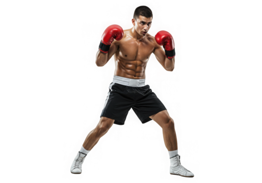 A muscular man ready to fight in a transparent png format wearing boxing gloves and shoes ready