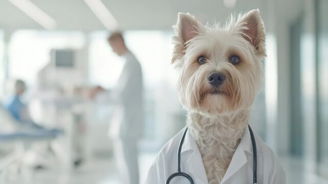 International dog day. A small dog wearing a doctor's coat and stethoscope poses in a bright, modern medical setting.