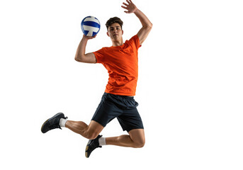 Dynamic image shows athletic young man powerfully spiking a volleyball, full of energy and motion.