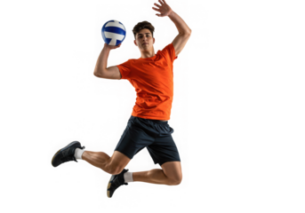 Dynamic image shows athletic young man powerfully spiking a volleyball, full of energy and motion.