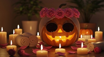 Stylish pumpkin sunglasses pink roses candles halloween spa decoration trendy. Fashion jack-o-lantern flower crown autumn celebration display. October holiday concept