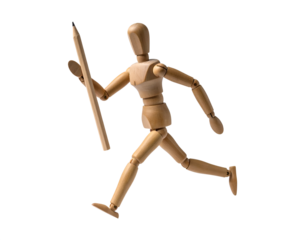 Wooden mannequin figure running with a large pencil on a white background, conveying movement and creativity.
