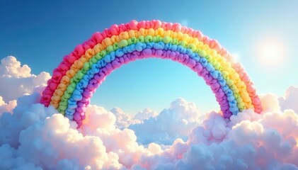 Vibrant watercolor rainbow arching over fluffy clouds , illustration, bright, design