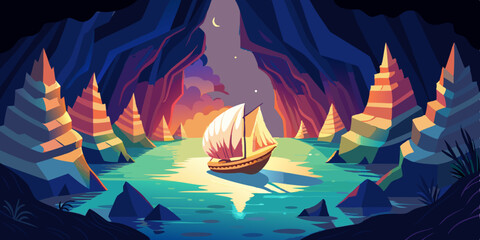 Serene Sunset Sailboat Scene Awaits in a Mystical Cave Landscape Design