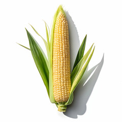 Fresh yellow corn on the cob with husk partially peeled, showcasing juicy kernels, isolated on white background
