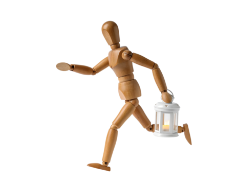 Wooden mannequin figure running, carrying a lantern, against a white background.