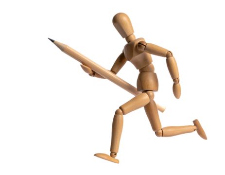 Wooden artist's mannequin running with a large pencil, isolated on white.