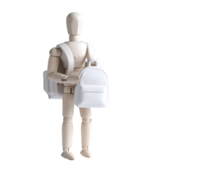 Wooden mannequin standing with a white backpack slung over its shoulder and holding another.