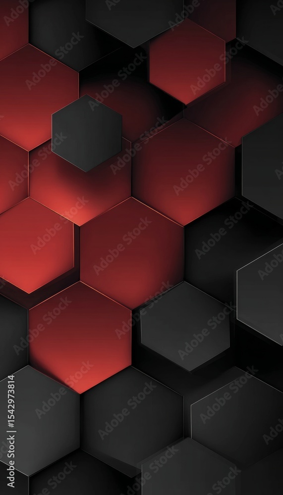 Poster elegant geometric background featuring 3d surface with volume in modern red and black hexagons