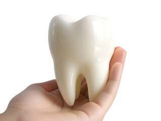 A child's hand holds a tooth on a transparent background