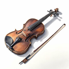 Fototapeta premium classic wooden brown violin with polished surface, fine tuners, and elegant curves positioned with bow and strings clearly visible isolated on white background