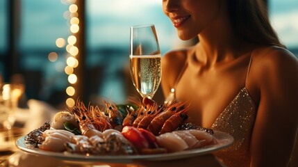 Elegant Woman with Champagne and Seafood Platter, Celebrating a Special Occasion
