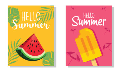 Naklejka premium Hello Summer Vector Illustration with Watermelon and Popsicle.