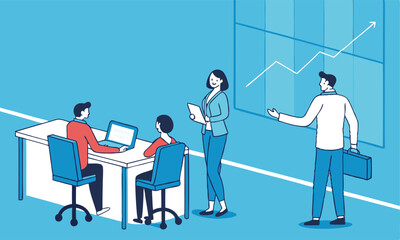 A successful business team presents graphs during a meeting in the office