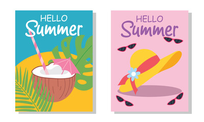 Hello Summer Vector Cards with Coconut and Hat.