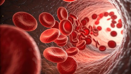 Fototapeta premium Blood cell structure 3d render concept. 3D illustration of red blood cells in a blood vessel.