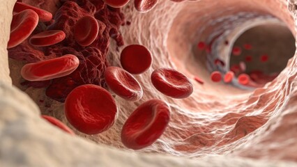 Fototapeta premium Blood cell structure 3d render concept. Digital illustration of blood cells flowing in a vein.
