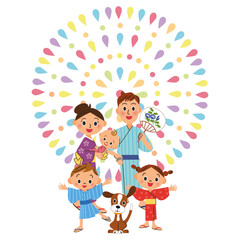 大きな花火を背景に浴衣を着用して立っている家族