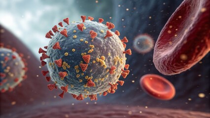 Blood cell structure 3d render concept. Microscopic view of a virus in a bloodstream environment.