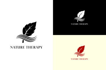 illustration of a large leaf with gentle wave lines, icon, vector logo for eco therapy, green energy, organic wellness, fitness, mindfulness, mental health, holistic healing, nature therapy, and more