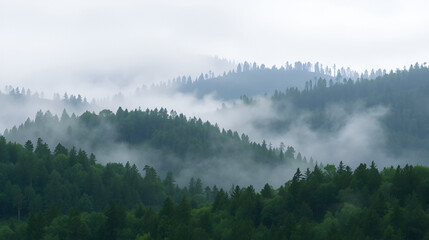 Vertical illustration of foggy forest hills.