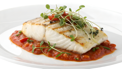 Grilled cod fish fillet recipe served with tomato sauce and microgreens on a white plate closeup view isolated on transparent background