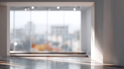 Obraz premium Modern interior with large windows showcasing cityscape views.