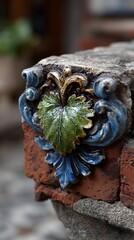 Ornate tile detail, old building, garden, background blur