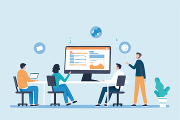 Global business professionals use laptops to navigate the internet and analyze data, symbolized by network and chart icons, illustrating worldwide communication and technological work