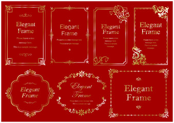 高級感のあるエレガンスなフレームセット、飾り罫、装飾デザイン、金、ゴールド、赤、背景