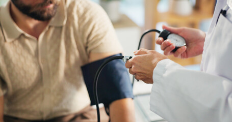 Blood pressure, hands and doctor with person in clinic for medical exam, checkup and consulting....