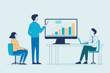 Business people work in an office with computers, illustrating concepts of communication and success