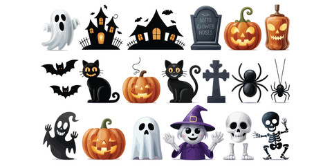 Halloween Collection Black Silhouettes Pumpkins Ghosts Bats Cats Spiders Witch Skeleton vector