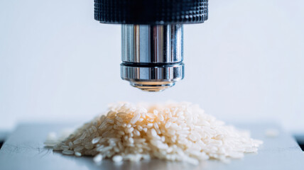 Microscope analyzing rice grains, a scientific approach to food analysis. The image shows scientific equipment, highlighting the analysis of grain