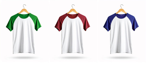 collection of white tee shirt with different sleeve color on hanger on white