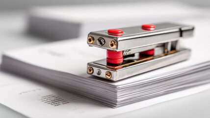 A close-up of a stapler on a stack of papers, ready for office work