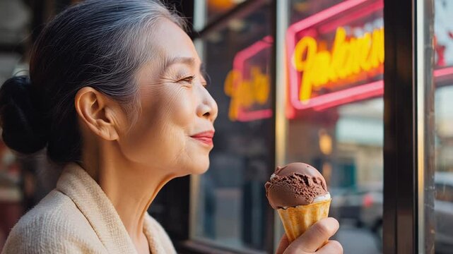 Elegant senior woman enjoying chocolate ice cream near a shop window.Senior woman savoring a chocolate ice cream cone near a shop window with a neon sign