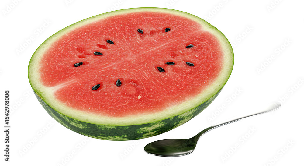 Poster freshly sliced watermelon with a shiny spoon against a black background